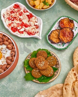 Close-up of  falafel tablets, Arabic breakfast, arab restaurant,  oriental breakfast