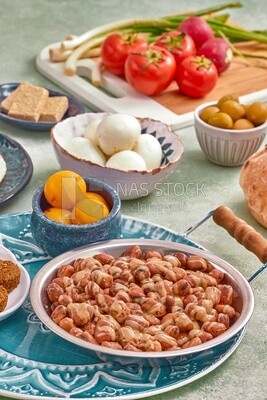 Close-up of oriental breakfast, a dish of foul medames, Arabic breakfast, arab restaurant
