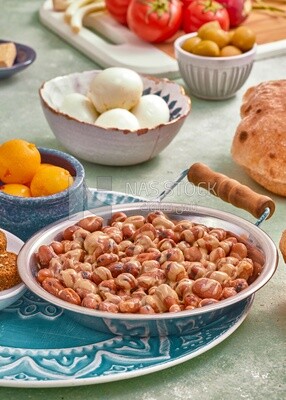 Close-up of oriental breakfast, a dish of foul medames, Arabic breakfast, arab restaurant