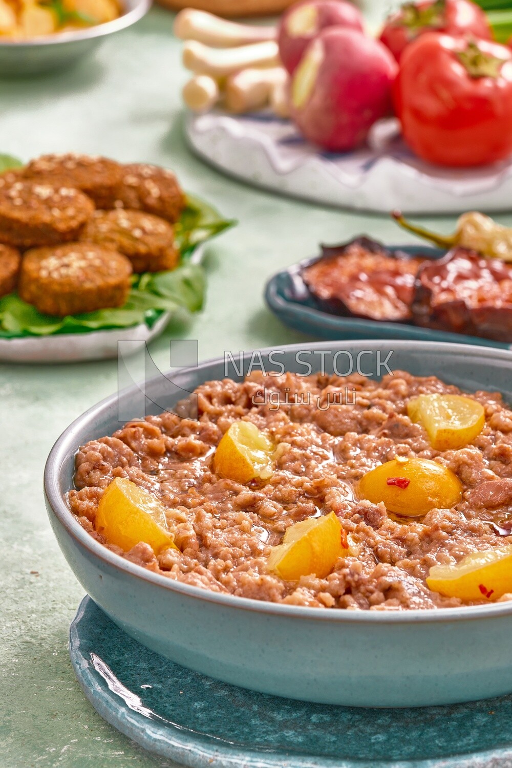 Close-up of oriental breakfast, a dish of foul medames, Arabic breakfast, arab restaurant