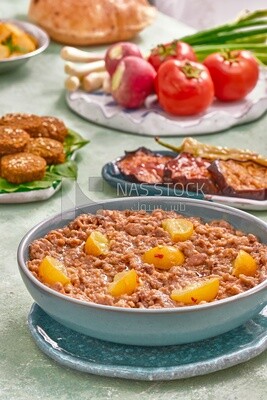 Close-up of oriental breakfast, a dish of foul medames, Arabic breakfast, arab restaurant