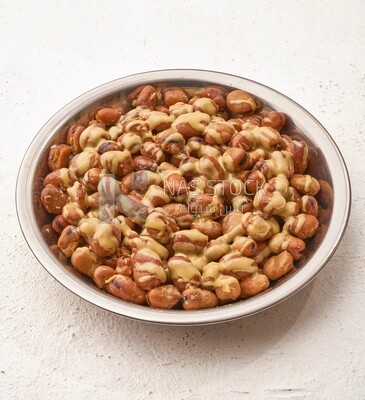 Close-up of oriental breakfast, a dish of foul medames with tahini, Arabic breakfast, arab restaurant