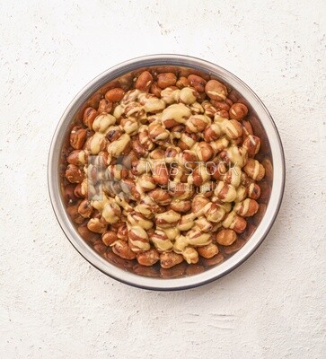 Close-up of oriental breakfast, a dish of foul medames with tahini, Arabic breakfast, arab restaurant