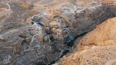 drone footage of the Mar Saba monastery in the desert, tourism in Palestine,  Bethlehem