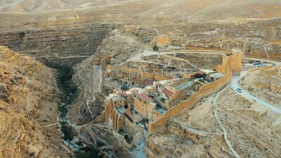 drone footage of the Mar Saba monastery in the desert, tourism in Palestine,  Bethlehem