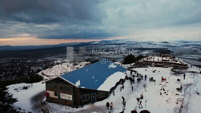 Drone footage of the Golan Heights landscape on a snowy day, tourism in Palestine, landscape