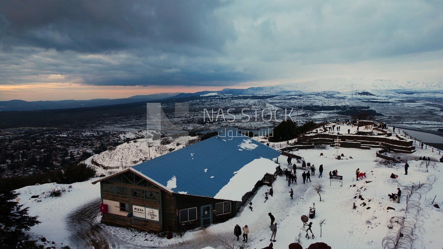 Drone footage of the Golan Heights landscape on a snowy day, tourism in Palestine, landscape