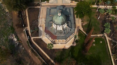 drone footage of the Tiberias Church of the Beatitudes,  tourism in Palestine,  Bethlehem