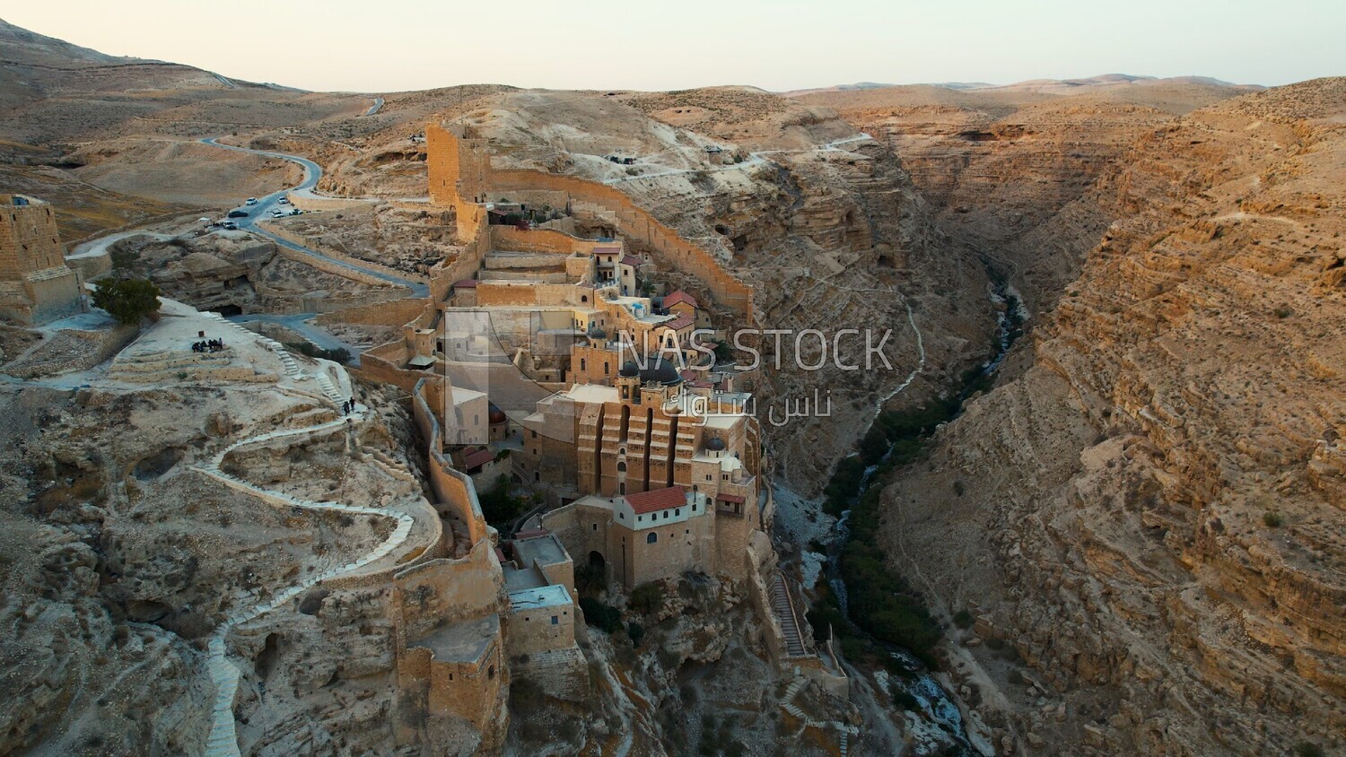 drone footage of the Mar Saba monastery in the desert, tourism in Palestine,  Bethlehem