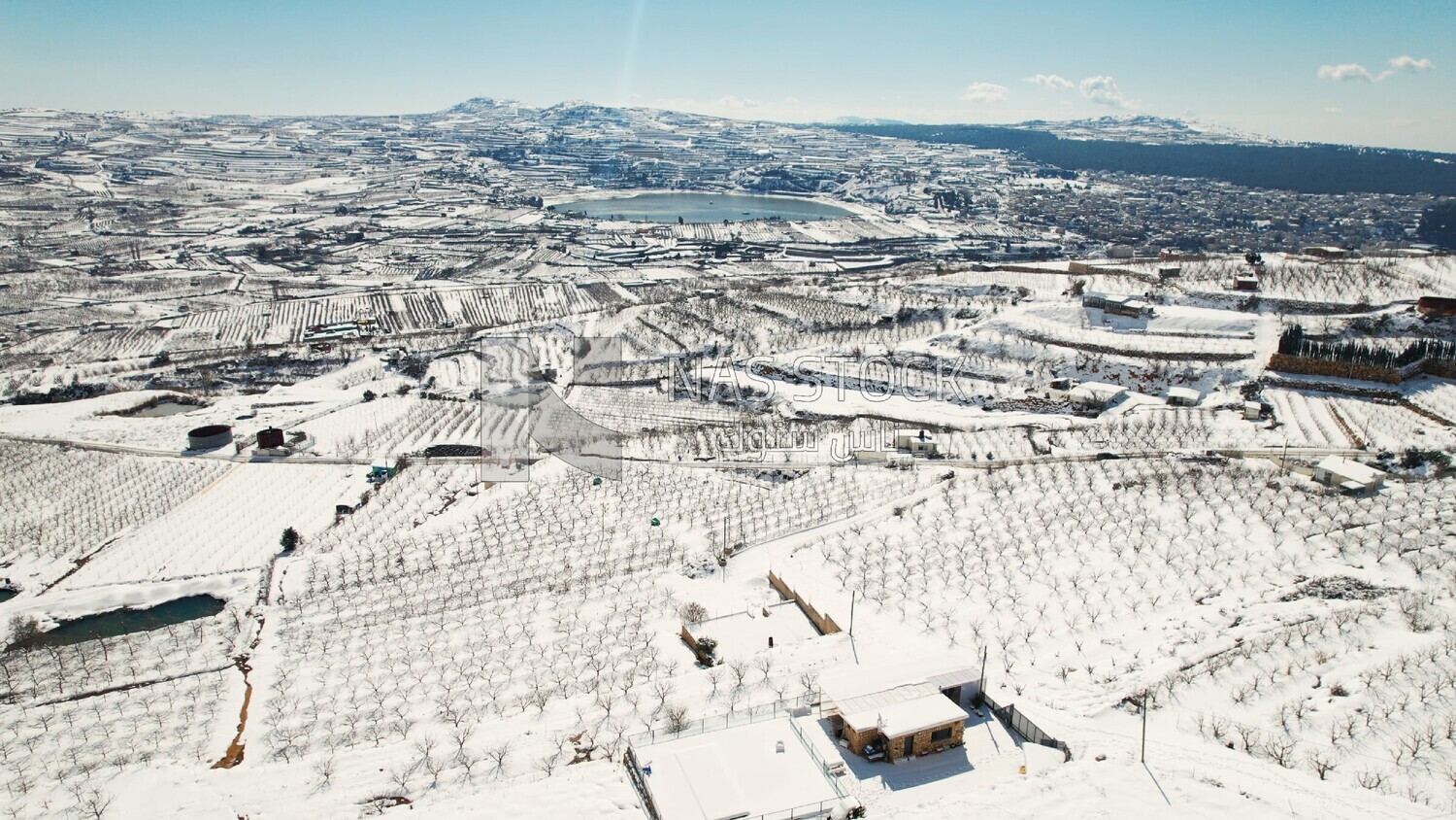 Drone footage of the Golan Heights landscape on a snowy day, tourism in Palestine, landscape