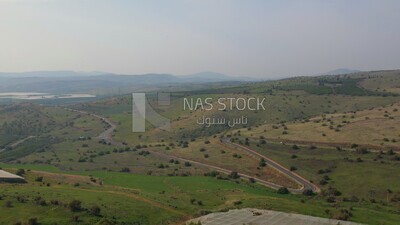 drone footage of a distant view of the Tiberias Church of the Beatitudes,  tourism in Palestine,  Bethlehem