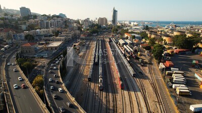 drone footage for train traffic at the Hejaz railway station in Haifa, train station, tourism in Palestine