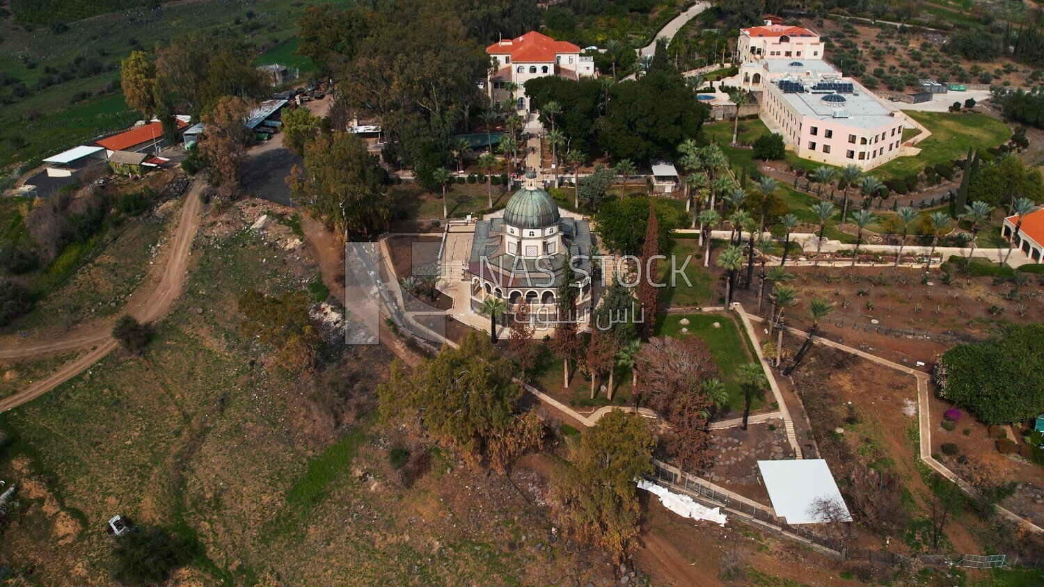drone footage of the Tiberias Church of the Beatitudes,  tourism in Palestine,  Bethlehem