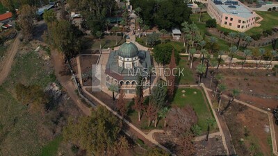 drone footage of the Tiberias Church of the Beatitudes,  tourism in Palestine,  Bethlehem