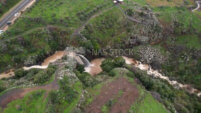 drone footage of the Majdal Shams village, landscape waterfall, tourism in Palestine