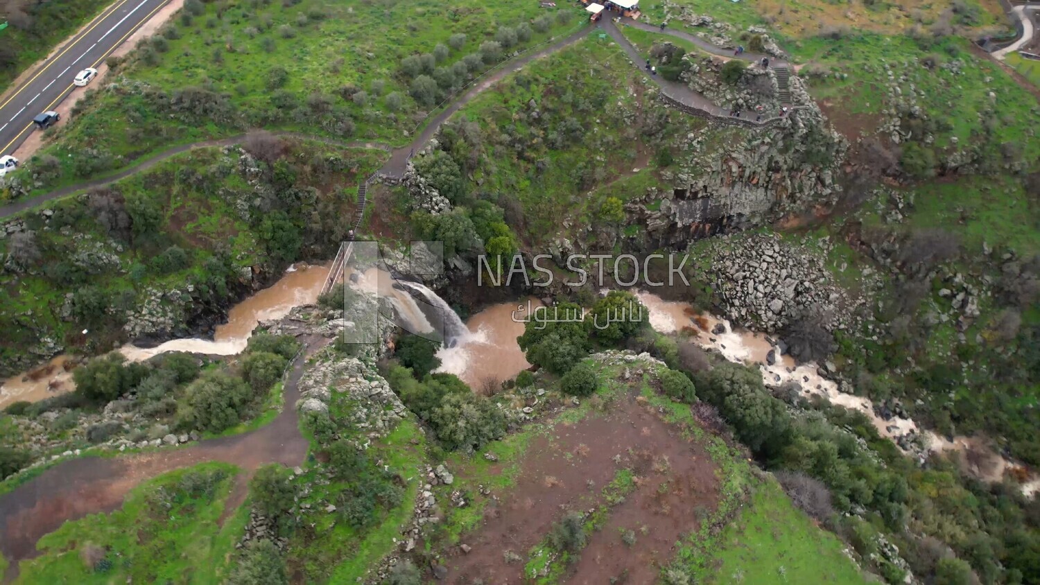 drone footage of the Majdal Shams village, landscape waterfall, tourism in Palestine