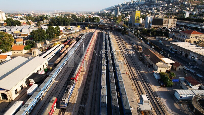 drone footage for train traffic at the Hejaz railway station in Haifa, train station, tourism in Palestine