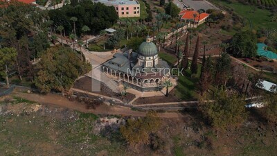 drone footage of the Tiberias Church of the Beatitudes,  tourism in Palestine,  Bethlehem