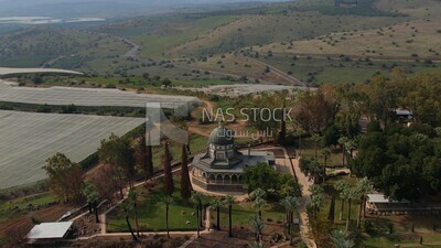 drone footage of the Tiberias Church of the Beatitudes,  tourism in Palestine,  Bethlehem