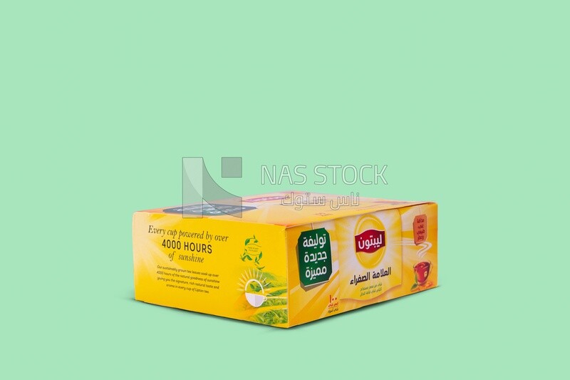 Box of Lipton tea on a green background, delicious hot drink, hot drinks