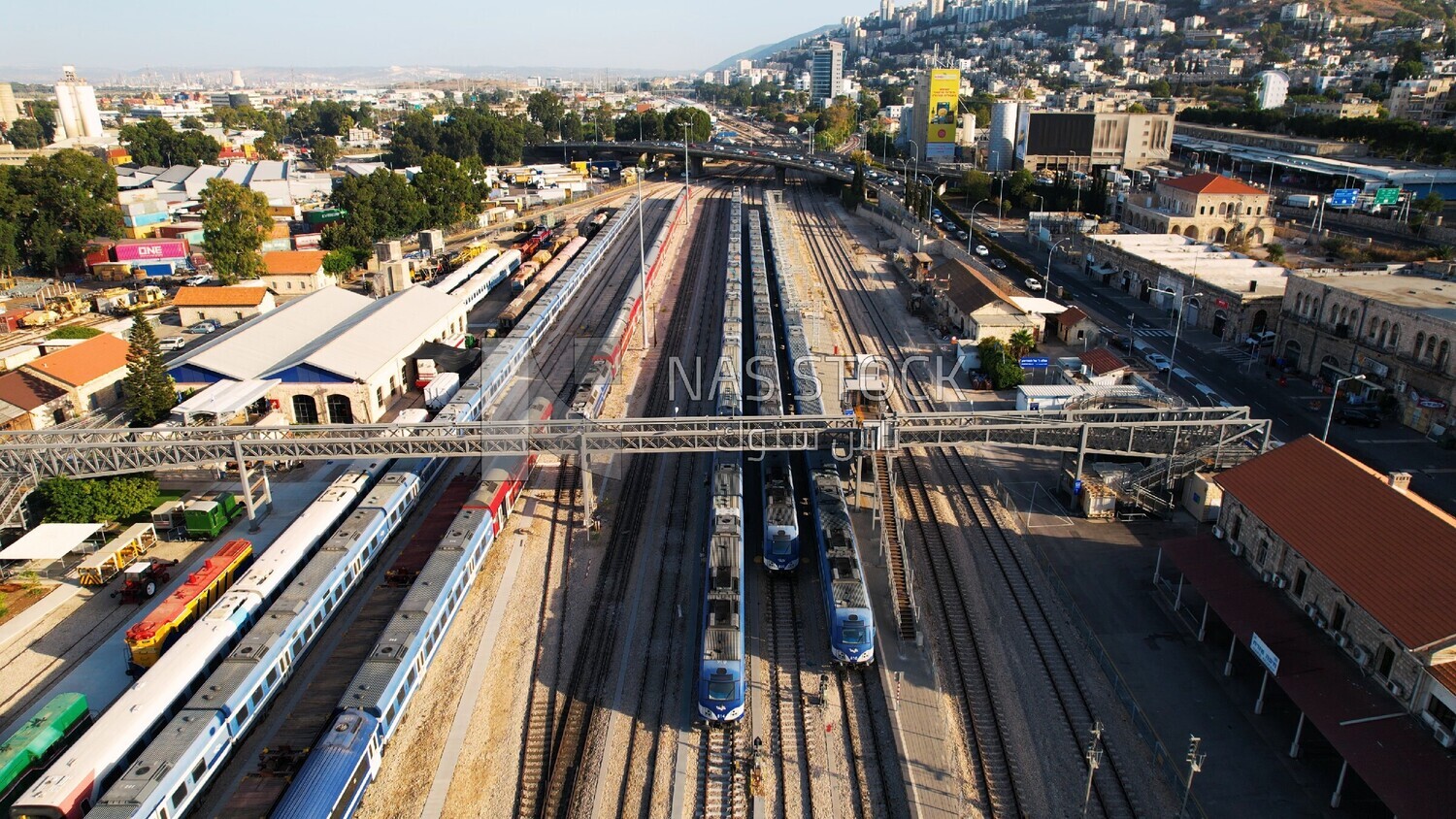 drone footage for train traffic at the Hejaz railway station in Haifa, train station, tourism in Palestine
