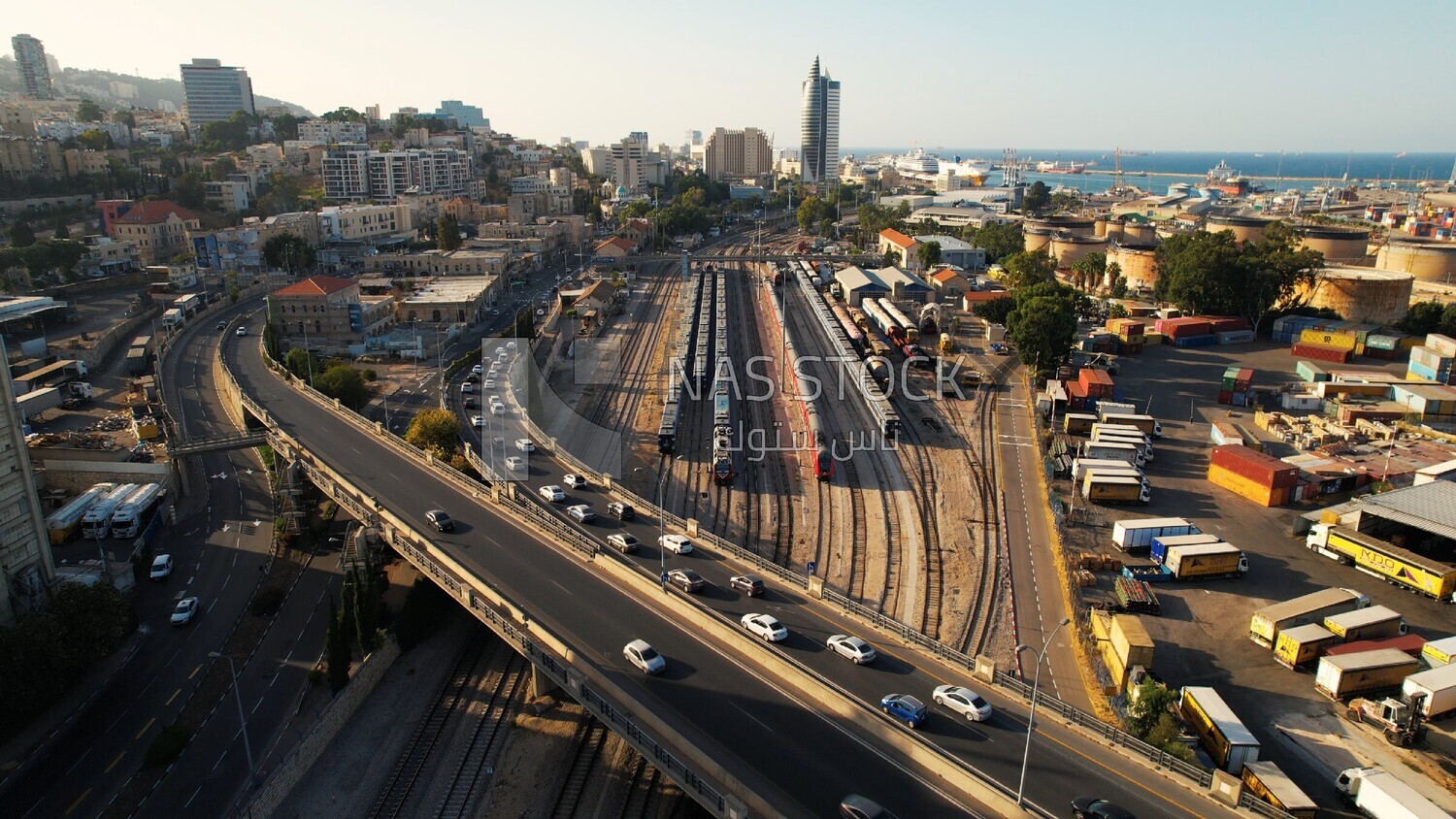 drone footage for train traffic at the Hejaz railway station in Haifa, train station, tourism in Palestine