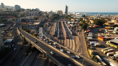 drone footage for train traffic at the Hejaz railway station in Haifa, train station, tourism in Palestine