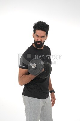 Saudi man Wearing sports clothes, exercising with dumbbells, bodybuilding, healthy lifestyle, building muscle, white background, Saudi model
