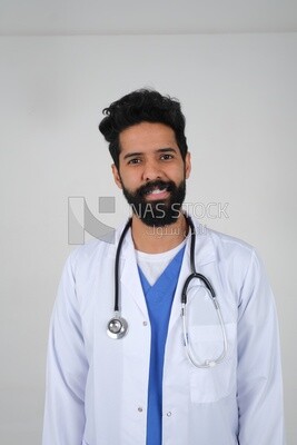 Saudi man wearing a medical coat and a stethoscope, white background, medicine and health care, Saudi model