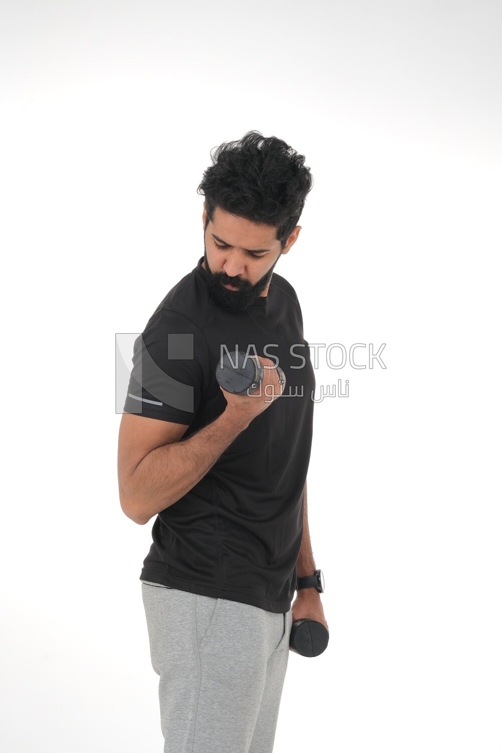 Saudi man Wearing sports clothes, exercising with dumbbells, bodybuilding, healthy lifestyle, building muscle, white background, Saudi model