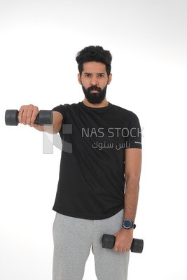 Saudi man Wearing sports clothes, exercising with dumbbells, bodybuilding, healthy lifestyle, building muscle, white background, Saudi model