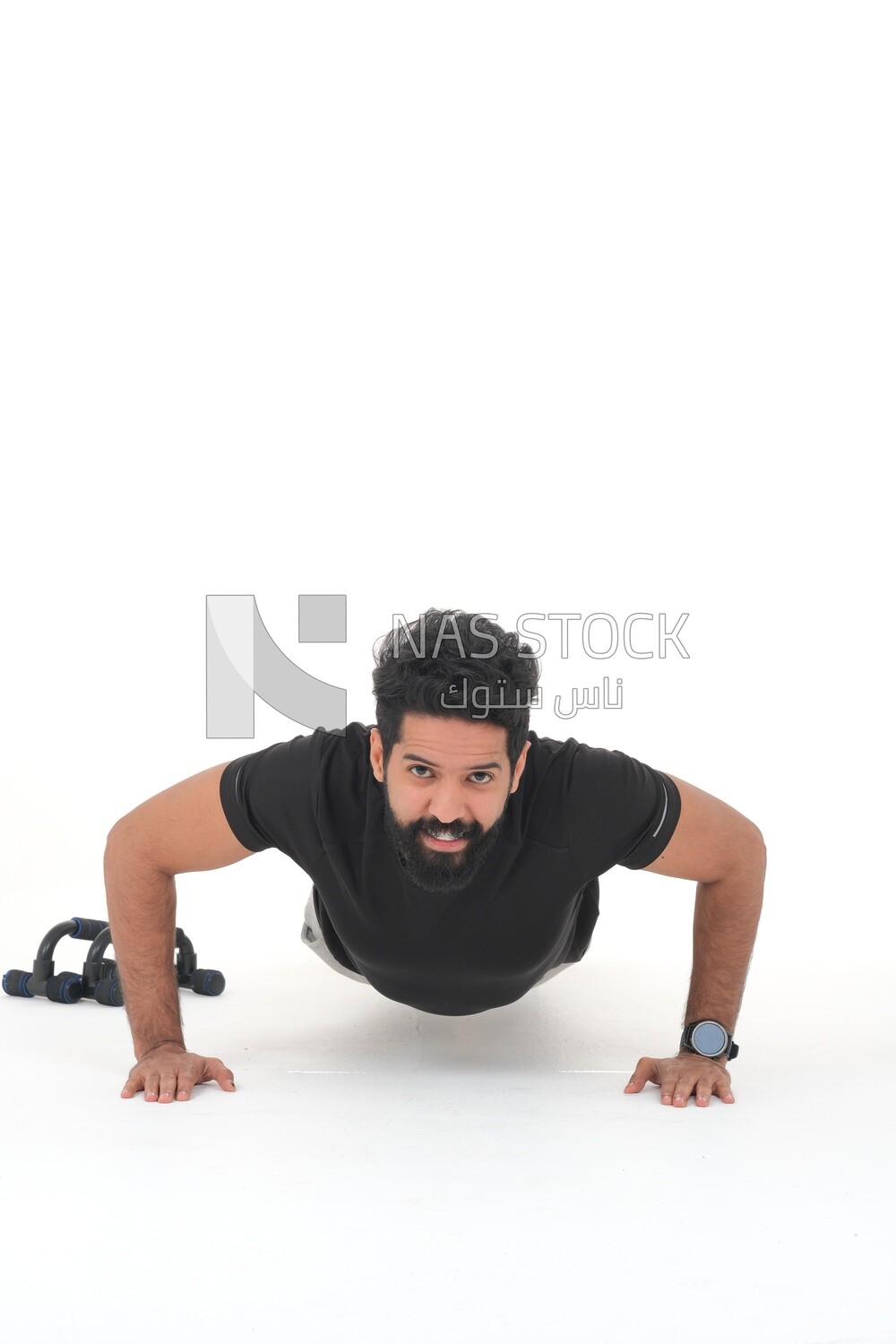Saudi man doing warm-up exercises, push-ups, bodybuilding, healthy lifestyle, building muscle, white background, Saudi model