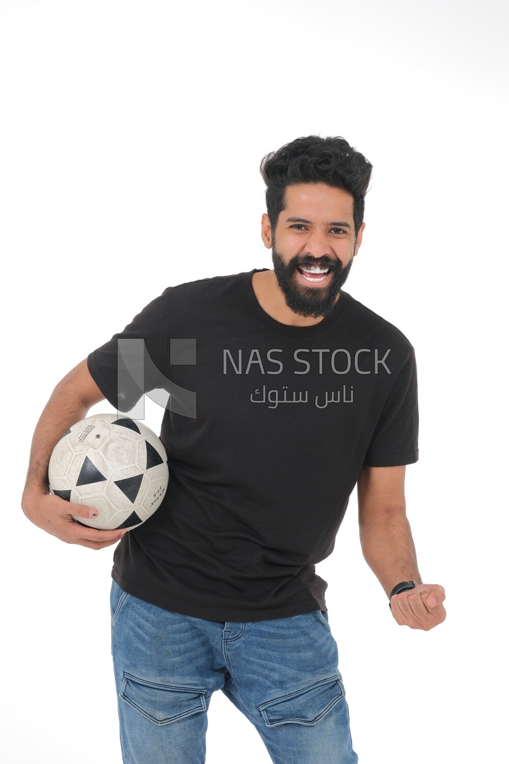 Saudi man holding a ball, playing football,  practicing soccer sports, playing with the ball, white background, Saudi model