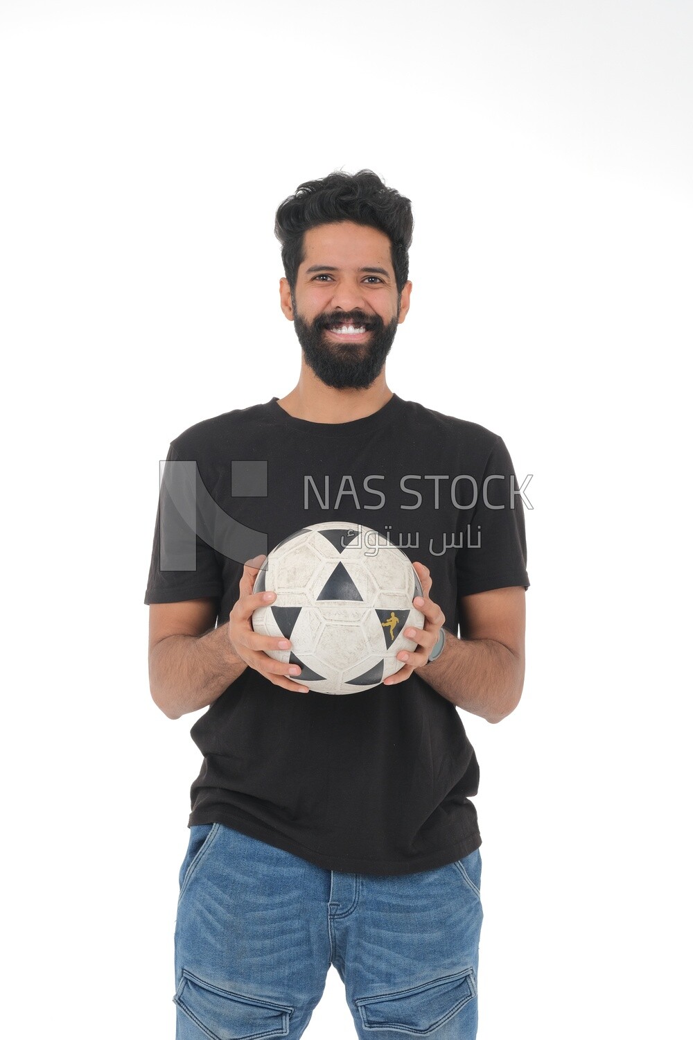 Saudi man holding a ball, playing football,  practicing soccer sports, playing with the ball, white background, Saudi model