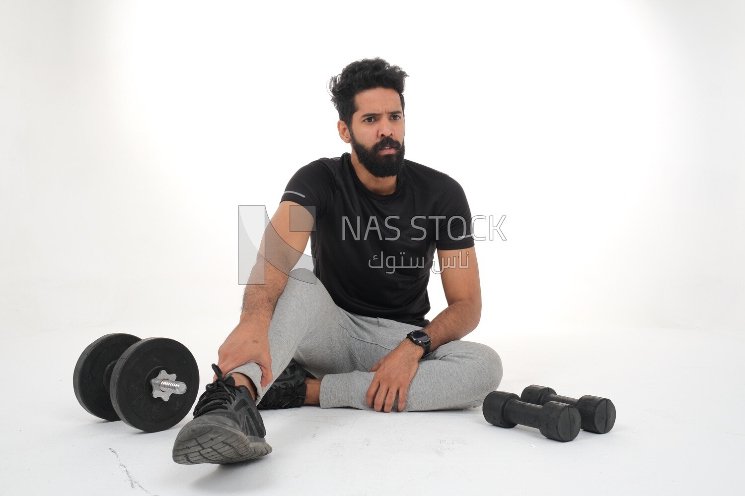 Saudi man doing warm-up exercises, push-ups, bodybuilding, healthy lifestyle, building muscle, white background, Saudi model
