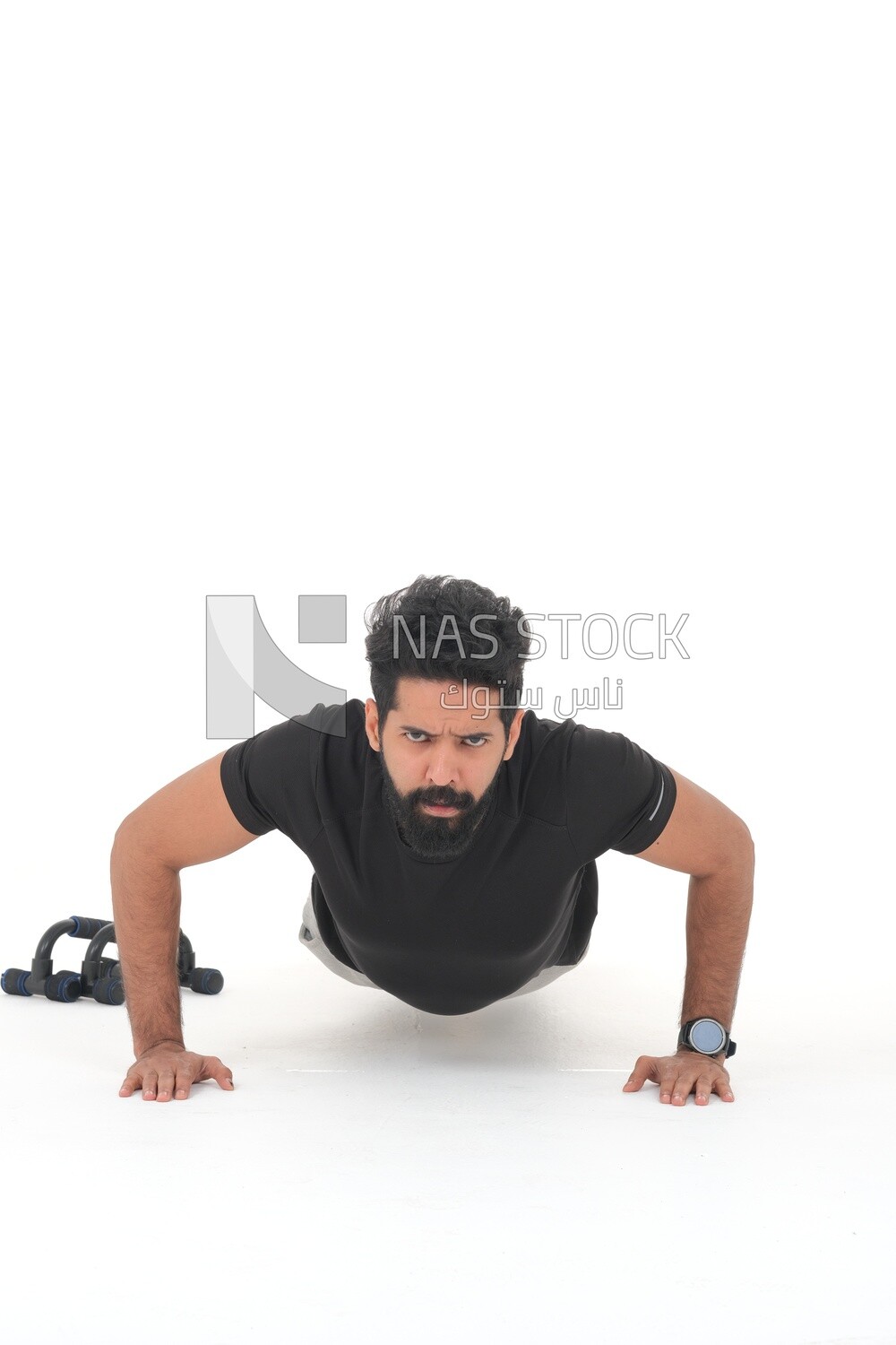 Saudi man doing warm-up exercises, push-ups, bodybuilding, healthy lifestyle, building muscle, white background, Saudi model