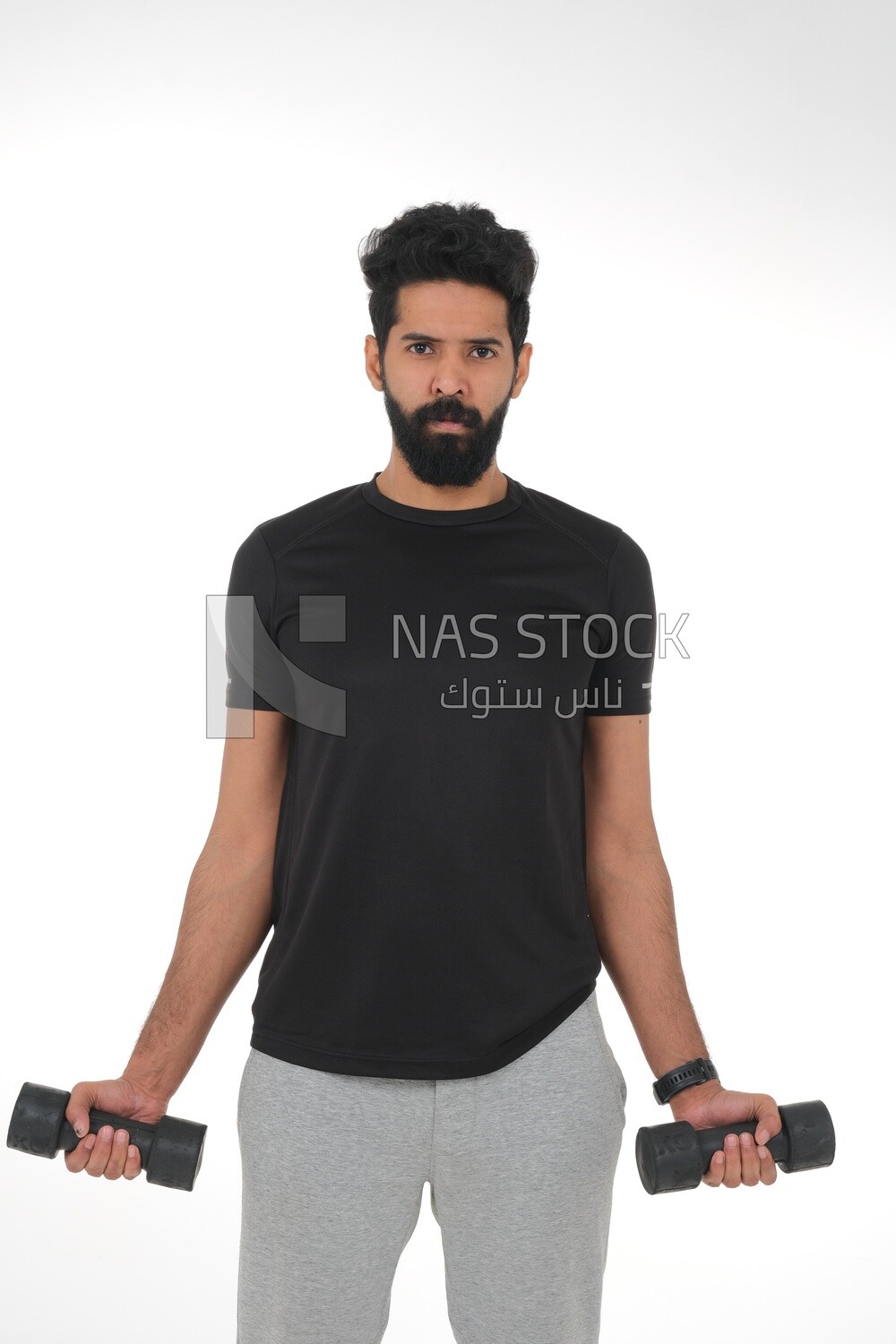 Saudi man Wearing sports clothes, exercising with dumbbells, bodybuilding, healthy lifestyle, building muscle, white background, Saudi model