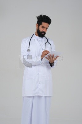 Saudi man wearing a medical coat and a stethoscope, holding a paper  to write a report on the patient&#39;s condition, white background, medicine and health care, Saudi model