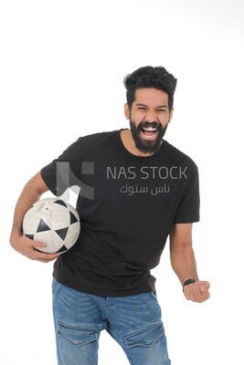 Saudi man holding a ball, playing football,  practicing soccer sports, playing with the ball, white background, Saudi model