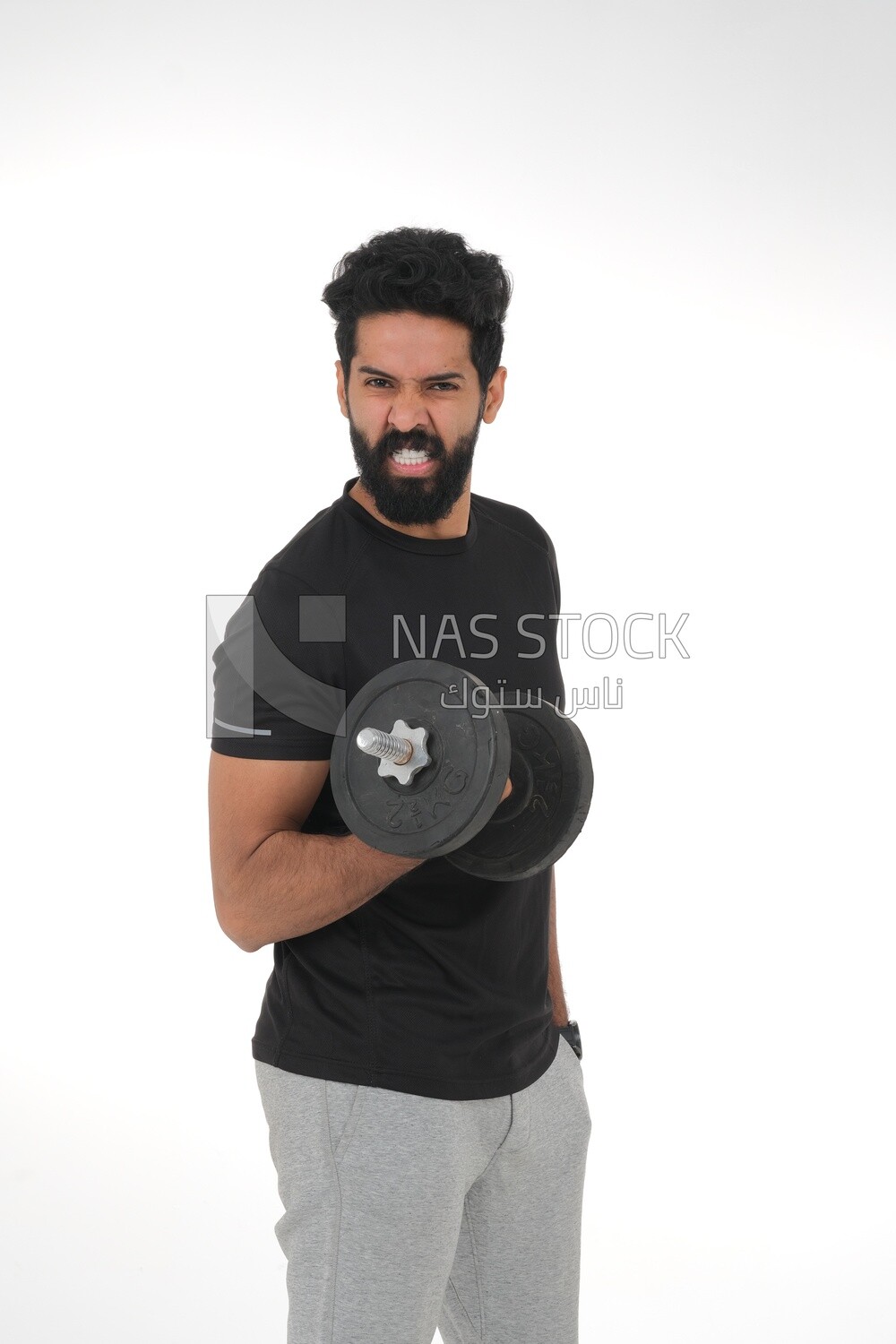 Saudi man Wearing sports clothes, exercising with dumbbells, bodybuilding, healthy lifestyle, building muscle, white background, Saudi model