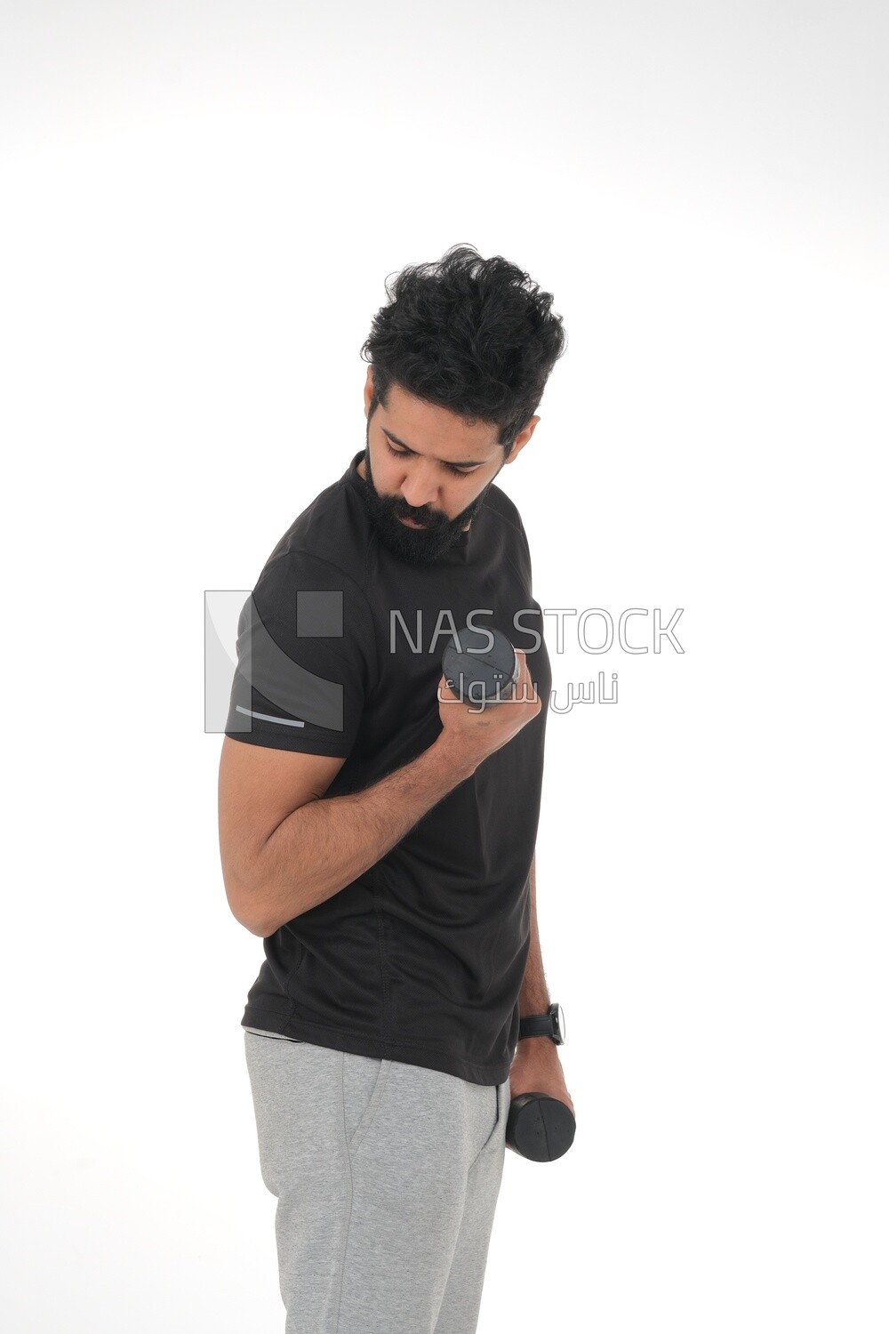 Saudi man Wearing sports clothes, exercising with dumbbells, bodybuilding, healthy lifestyle, building muscle, white background, Saudi model