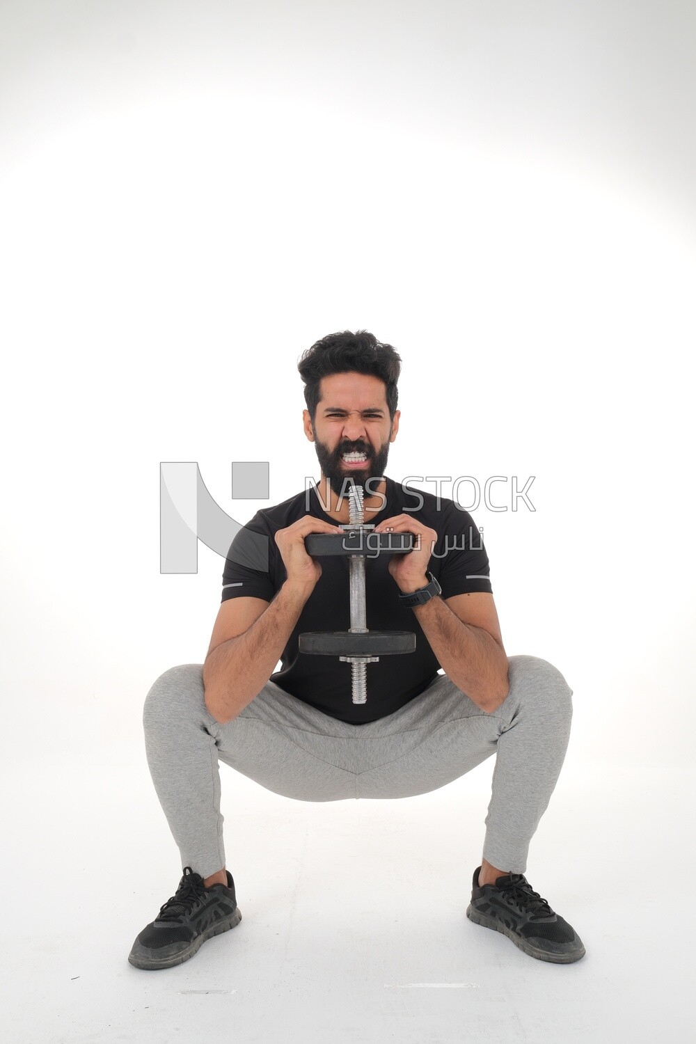 Saudi man Wearing sports clothes, exercising with dumbbells, bodybuilding, healthy lifestyle, building muscle, white background, Saudi model