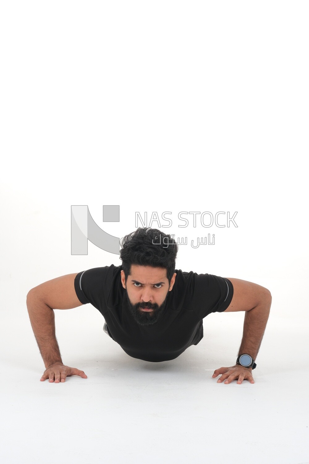 Saudi man doing warm-up exercises, push-ups, bodybuilding, healthy lifestyle, building muscle, white background, Saudi model