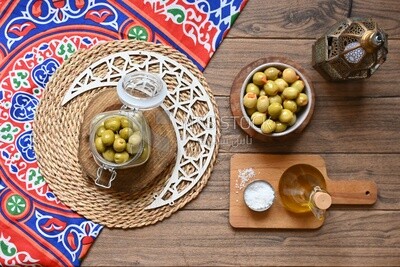 Bowl of Pickled green olives, Egyptian pickles, Arab restaurants