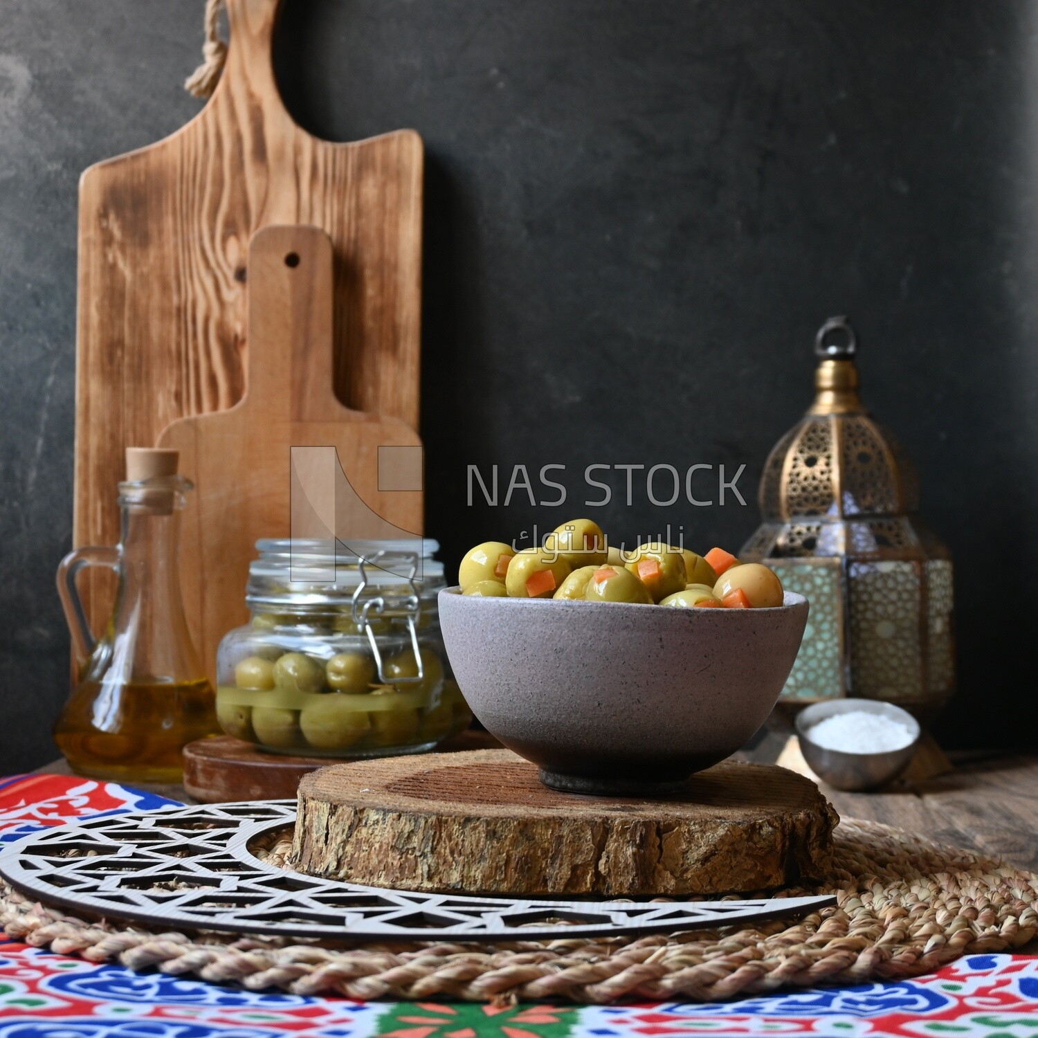 Bowl of Pickled green olives, Egyptian pickles, Arab restaurants