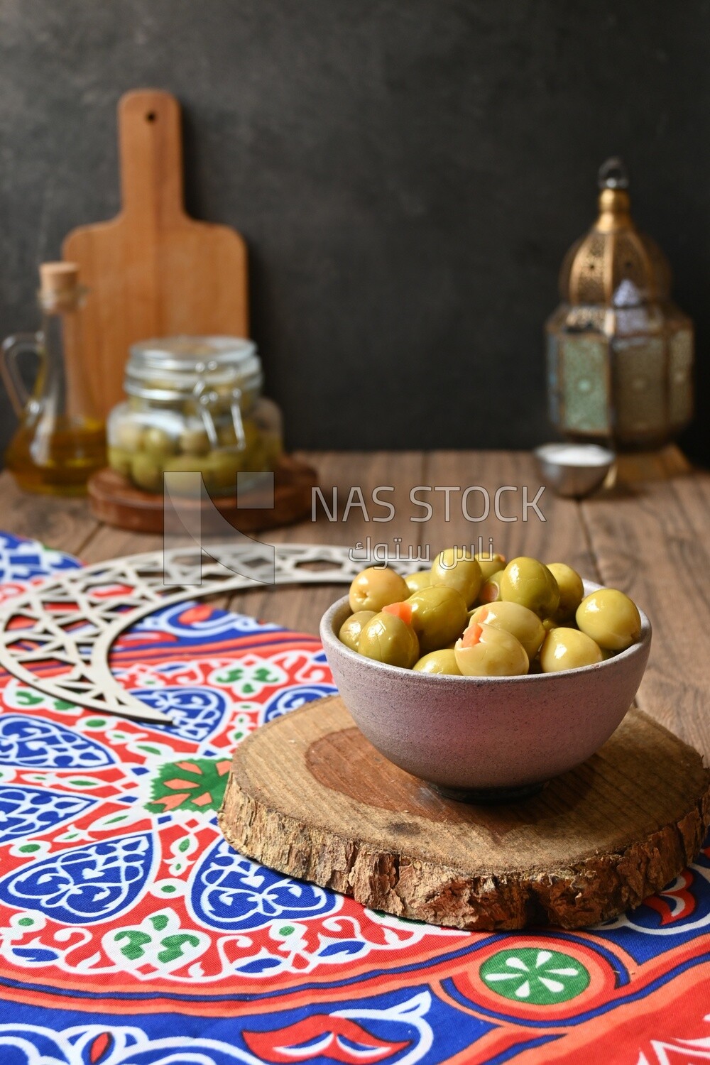 Bowl of Pickled green olives, Egyptian pickles, Arab restaurants