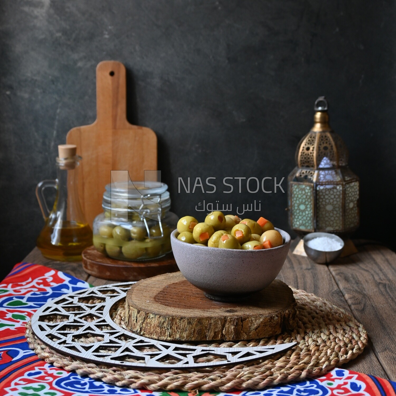 Bowl of Pickled green olives, Egyptian pickles, Arab restaurants