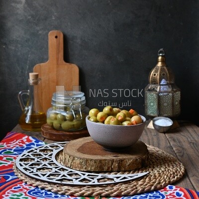 Bowl of Pickled green olives, Egyptian pickles, Arab restaurants