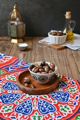 Bowl of Pickled black olives, Egyptian pickles, Arab restaurants