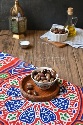 Bowl of Pickled black olives, Egyptian pickles, Arab restaurants